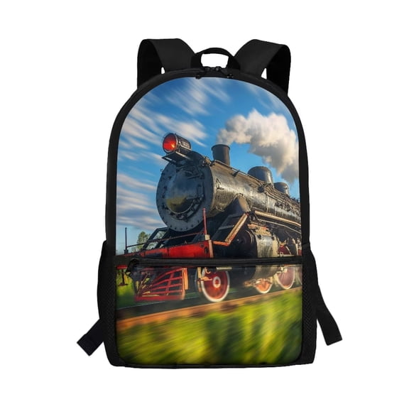 Binienty Vintage Steam Train Print Backpack for Kids 8-12, 17 Inch Large Capacity School Bookbag with Adjustable Padded Straps, Front Zipper Pocket for School Travel Daily Use