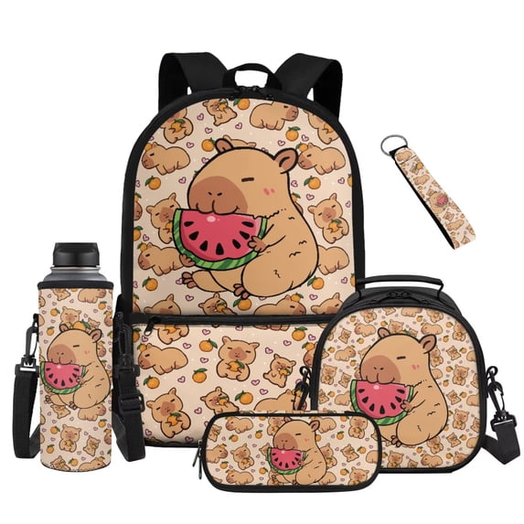 Binienty Watermelon Capybara Kids Backpack Lunch Box Set For Grade Students Girls 5-In-1 Lightweight Bookbag Lunchbag Pen Pouch Keychain Children Back To School Gifts