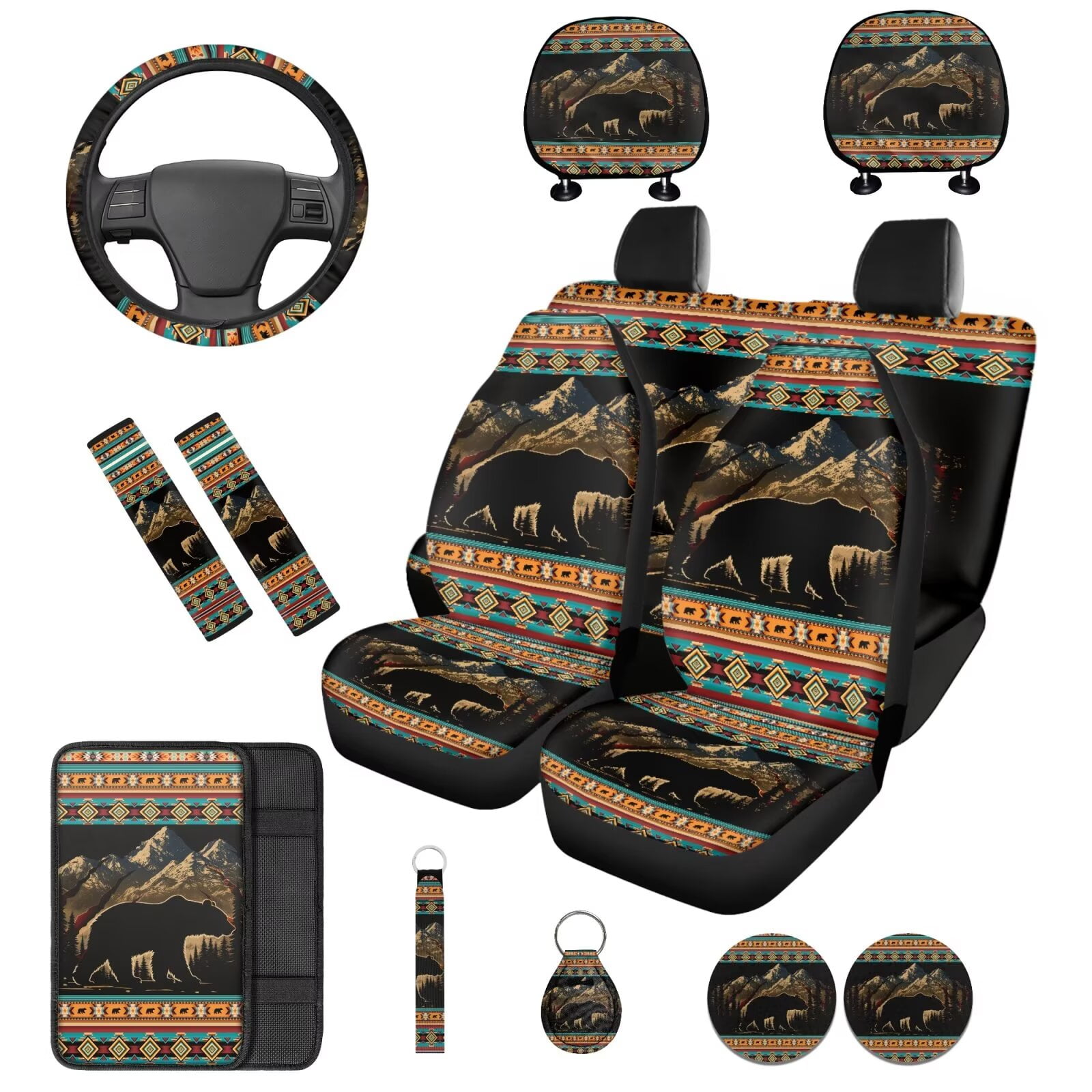 Binienty Western Aztec Car Seat Covers Front and Back Full Set 14 Pieces Auto Interior Set Brown Bear Car Seat Covers With Matching Steering Wheel Cover Elastic Washable Seatbelt Pad