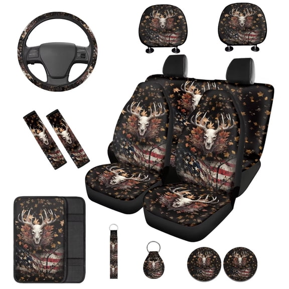 Binienty Western Cow Skull Car Seat Covers Front And Rear with Coasters Keychain Armrest Pad Seat Belt Pads Headrest Covers 14 Pieces Vehicle Interior Accessories Set