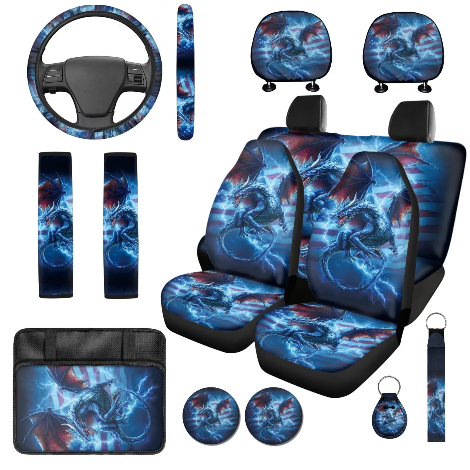 Binienty Western Dragon Lightning Car Seat Covers Full Set with Matching Steering Wheel Cover American Flag Car Interior Decor Set for Truck Van Sedan Car Armrest Cover Seat Belt Covers Coasters