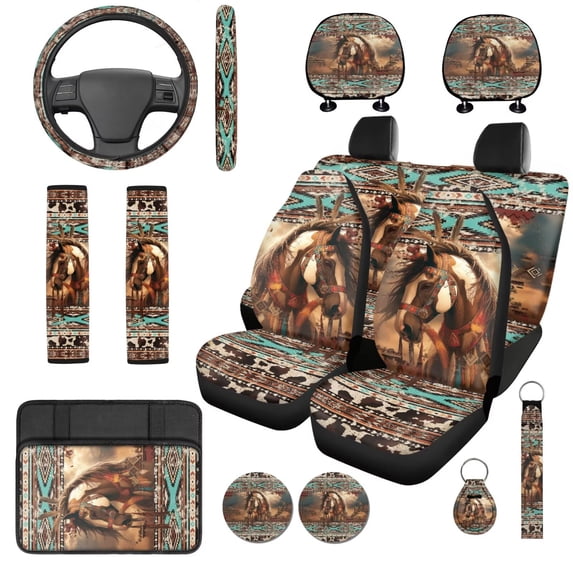 Binienty Western Horse Print Car Seat Covers Full Set with Matching Steering Wheel Cover Stretchy Fabric Seat Headrest Cover Armrest Cover 14 Pieces Car Interior Accessories Set Universal Fit