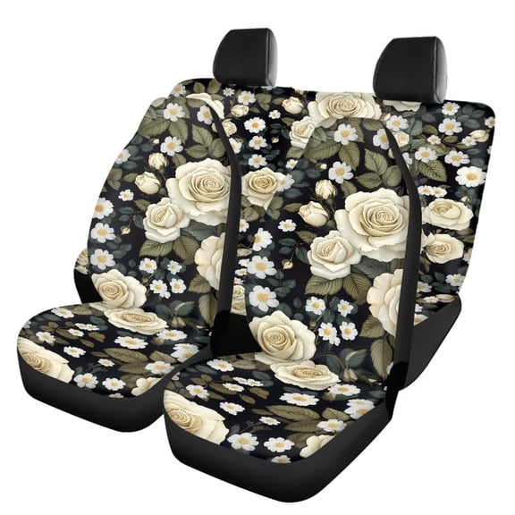 Binienty White Rose Auto Seat Covers Full Set, Front Seats and Rear Bench Cover Protecto Universal Car Interior Accessories Automobile Seat Cover for Most Cars Truck Van SUV,4 Pack