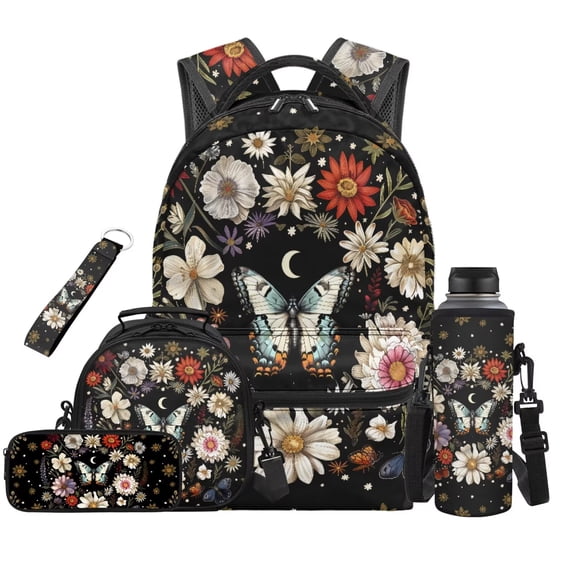 Binienty Wildflower Butterfly Moon Backpack With Matching Lunch Box Set For Girls 8-10 Zippered Bookbag With Reusable Lunch Bag Pencil Bag Water Bottle Holder Keychain For School Travel