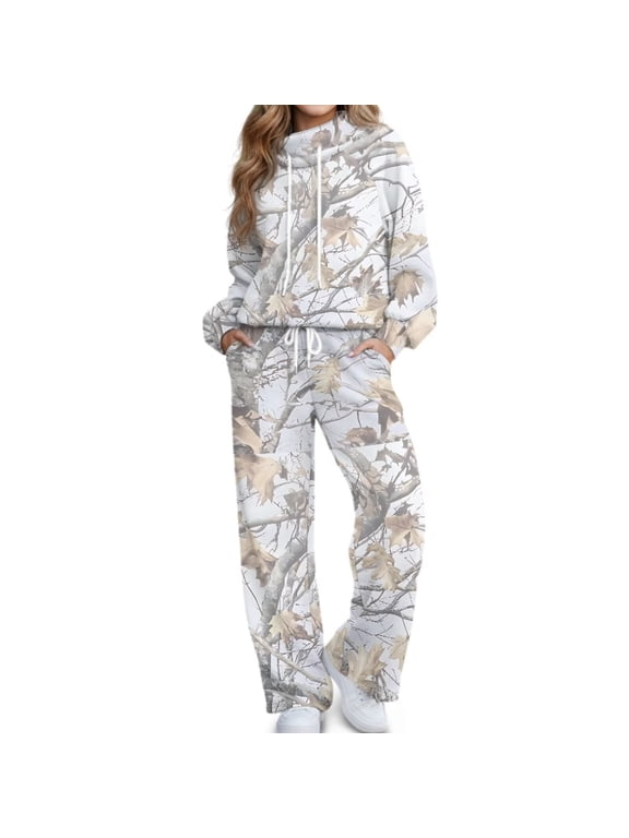 Winter Hunting Camo Sweatsuits for Women 2 Piece Outfits, Mock Neck Drawstring Sweatshirt Wide Leg Sweatpants Fall Casual Loungewear Tracksuit Matching Set