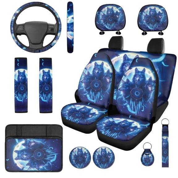 Binienty Wolf Dreamcatcher Vehicle Seat Covers Set with 15 Inch Steering Wheel Cover Breathable Center Console Cover Seat Headrest Covers Seat Belt Pads Car Interior Accessories Set for SUV Van Sedan