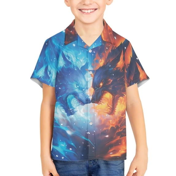 Binienty Wolf Flame Kids Hawaiian Shirt Button Down Tropical Shirt Casual Boys Short Sleeve Beach Shirt Soft Breathable Youth Summer Outfit