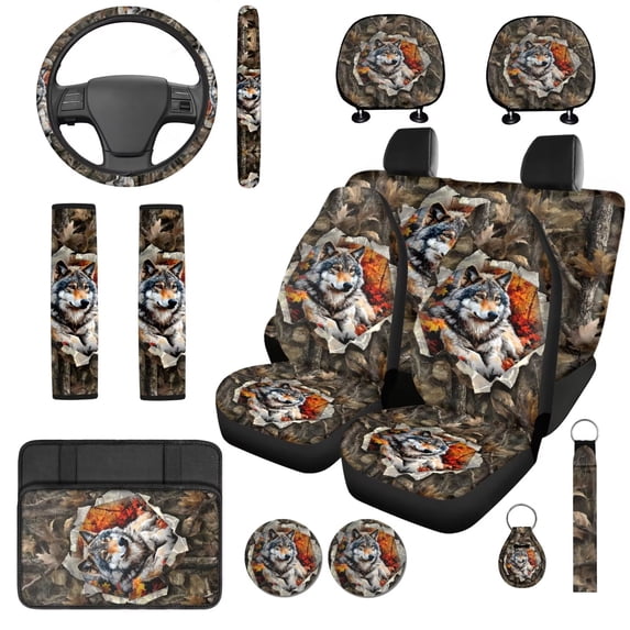 Binienty Wolf Vehicle Seat Covers Front And Rear with Matching Armrest Cover Non-slip Hunting Camo Car Seat Belt Shoulder Strap Covers Headrest Covers Coasters 14 Pieces Auto Interior Decor