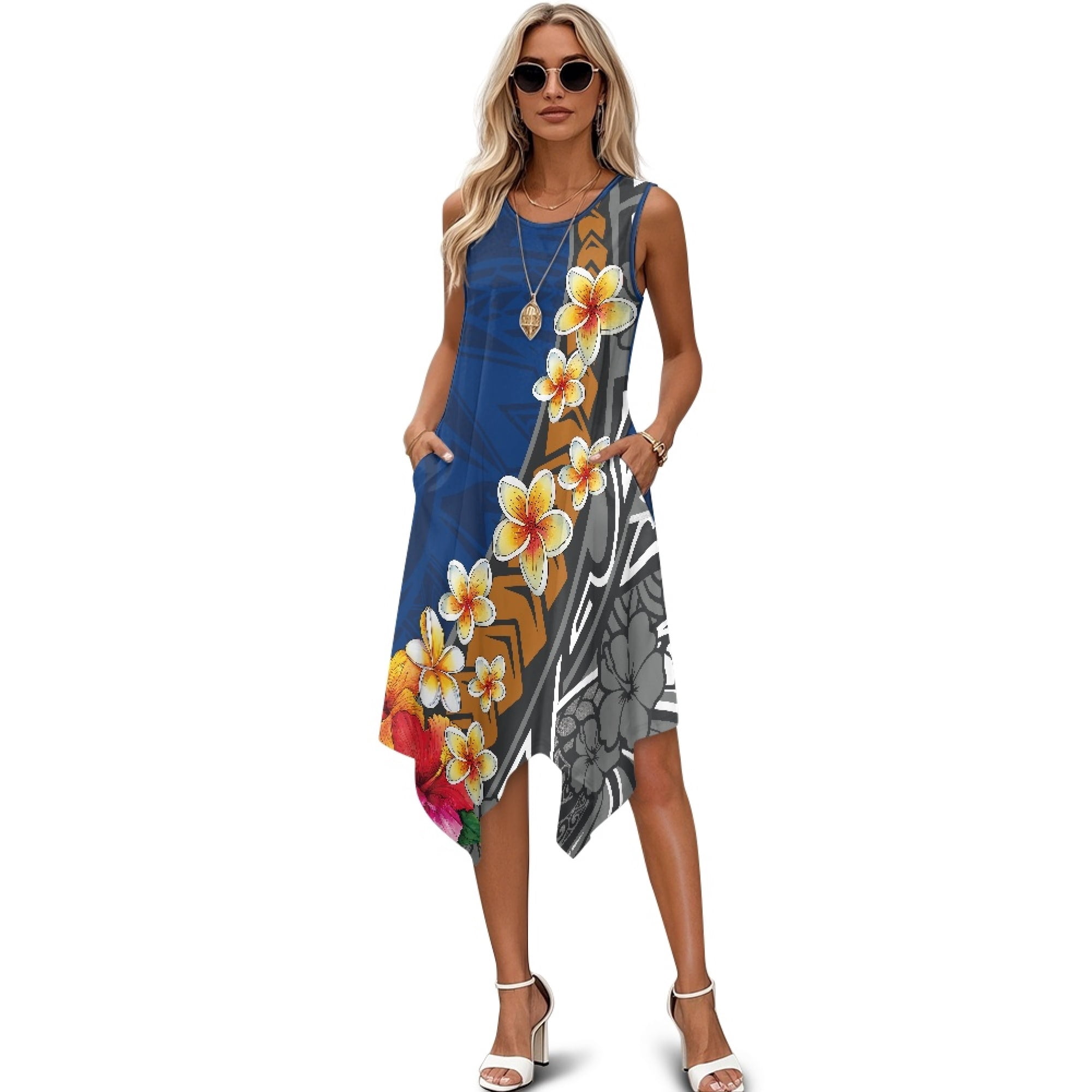 Binienty Womens Summer Dress with Tropical Plumeria Pattern, Sleeveless ...