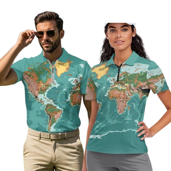 Binienty World Map His and Hers Matching Outfits with Quarter Zip Classic Fit Short Sleeve Couples Matching Golf Shirts Athletic Tops for Workout Sports