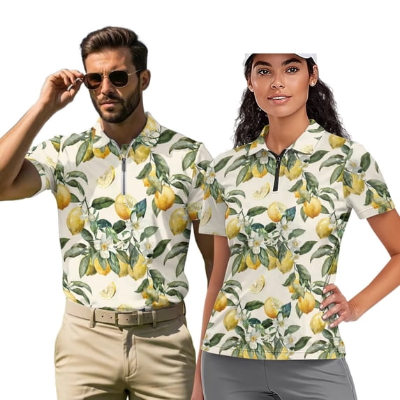 Binienty Yellow Lemon Matching Couple Golf Shirts Versatile Shirts Couples Matching Outfits Comfortable Dry-Fit Quarter Zip Pullover for Golf Running Sports