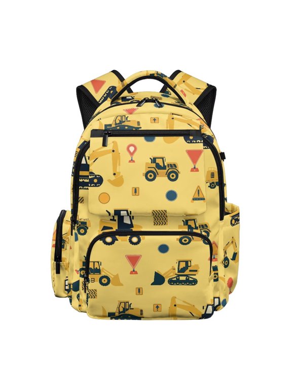 Yellow Road Digger Truck Bookbag for Boys Elementary School Lightweight Waterproof Backpack with Side Pockets Kids Day Pack Back to School Gifts for Children