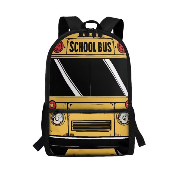 Binienty Yellow School Bus Print Kids Backpack for Elementary Students Ages 6-12 17 Inch Large Capacity Bookbag with Customizable Shoulder Straps Front Zip Pocket Back to School Gifts