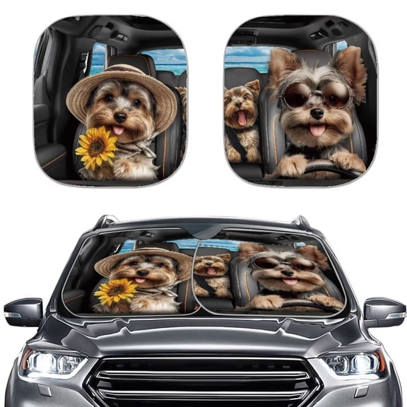 Binienty Yorkshire Terrier Windshield Sun Shades 2-Piece Foldable Car Windshield Sun Shade Funny Sunshield Removable Automotive Accessories Reflect UV and Heat