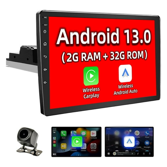 Binize 10 Inch Android  Single Din  Car Stereo with Wireless Carplay&Wireless Android Auto, 2+32G,GPS Navigation Receiver,Bluetooth,FM,Dual USB,Mirror Link,Support Backup Camera