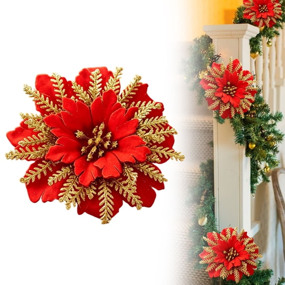 Binkne Christmas Flowers Artificial Poinsettia Flower Decorations with Clips, Glitter Christmas Poinsettia Decorations, Christmas Tree Ornaments for Party Wreath DIY, Red