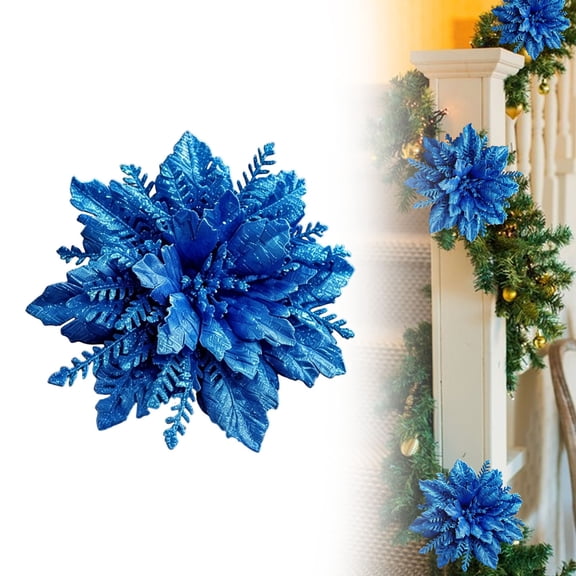 Binkne Christmas Flowers Artificial Poinsettia Flower Decorations with Clips, Glitter Christmas Poinsettia Decorations, Christmas Tree Ornaments for Party Wreath DIY, Blue