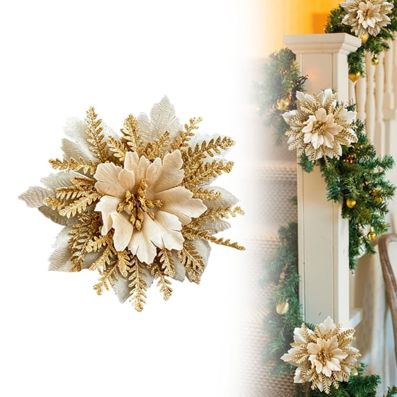 Binkne Christmas Flowers Artificial Poinsettia Flower Decorations with Clips, Glitter Christmas Poinsettia Decorations, Christmas Tree Ornaments for Party Wreath DIY, Gold