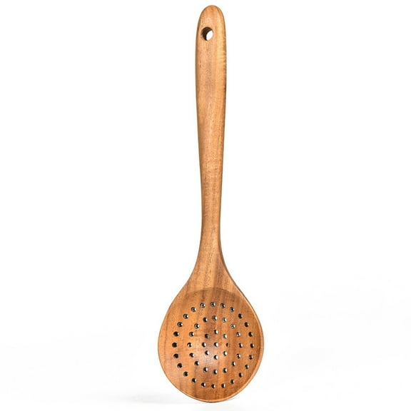 Binkne Tableware, Household Cooking Wooden Spoon Kitchenware---Slotted Spoon, 1X Colander, Non Stick Teakwood Wooden Spatula Spoon Household Kitchen Utensils Kitchenware, Stainless Steel Bowl