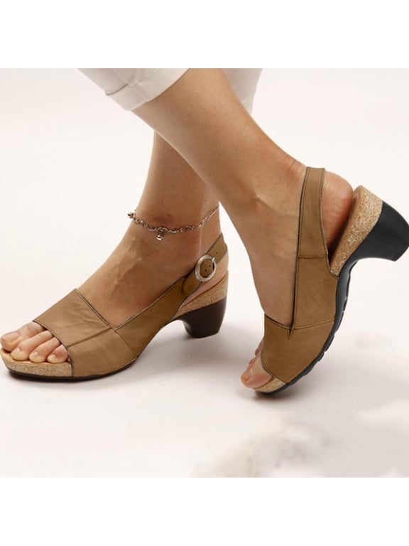 Comfortable Elegant Low Chunky Heel Shoes Women Summer Thick Heel Sandals Pumps Buckle Open Toe Casual Shoes