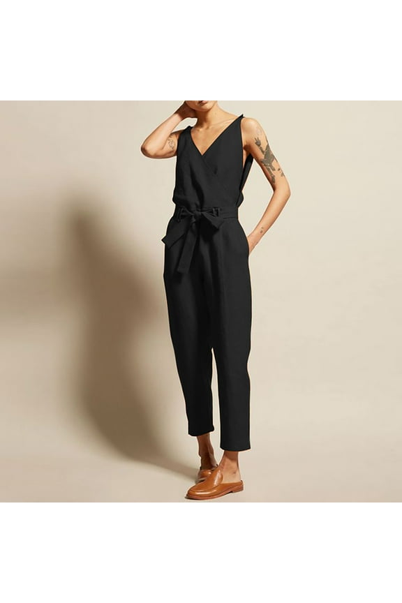 Jumpers for Women with Pockets Ladies Summer Fashion Casual Solid V-neck Lace Up Cotton Rompers Jumpsuit