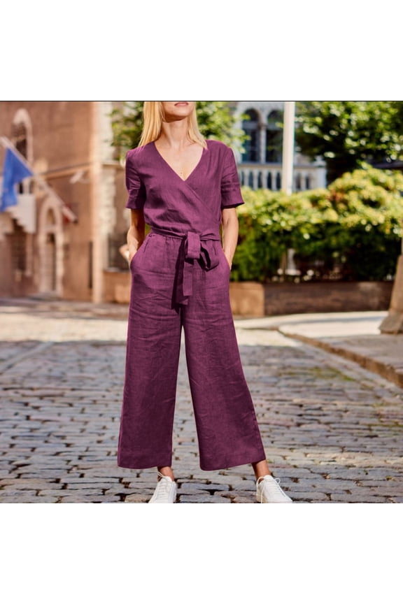 Jumpers for Women with Pockets Women Solid Pocket Romper Short Sleeve V-neck Belt Loose Overalls Jumpsuit