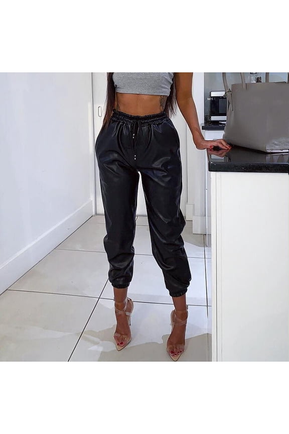 Long Trousers for Women Fashion Women Faux Leather High Waist Elastic Trousers Casual Streetwear Pants