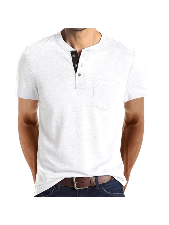 Mens Henley Shirts Short Sleeve Button Casual Top Cotton T-Shirt with Pocket