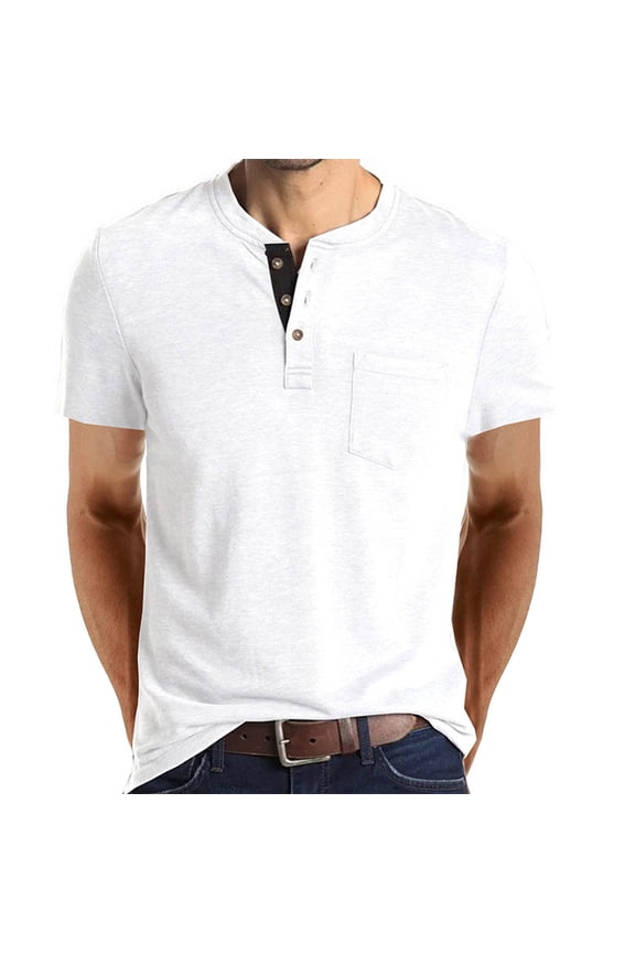 Mens Henley Shirts Short Sleeve Button Casual Top Cotton T-Shirt with Pocket