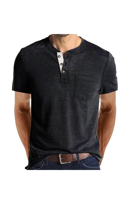 Mens Henley Shirts Short Sleeve Button Casual Top Cotton T-Shirt with Pocket