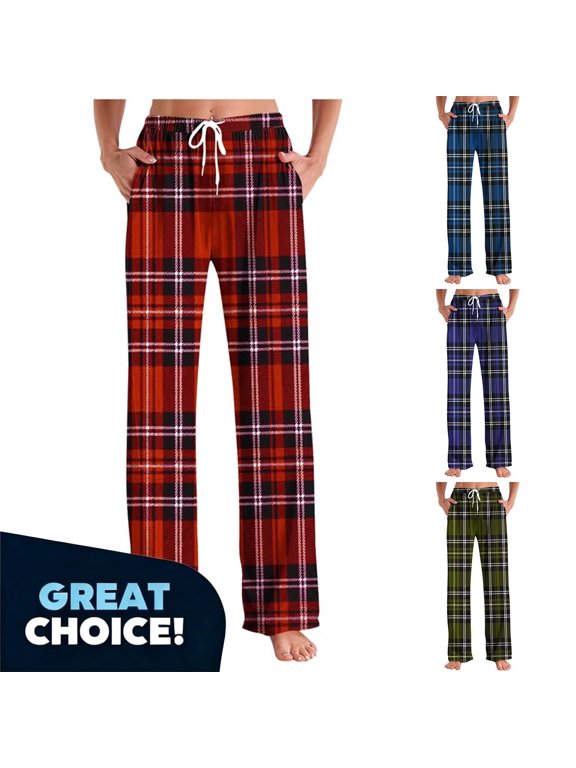 Women's Drawstring Plaid Pants with Pockets,Womens Casual High Waist Fit Pants, Women's Plus Blue,Size L