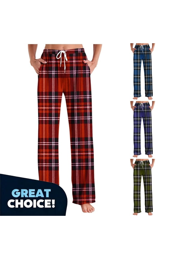 Women's Drawstring Plaid Pants with Pockets,Womens Casual High Waist Fit Pants, Women's Plus Blue,Size S