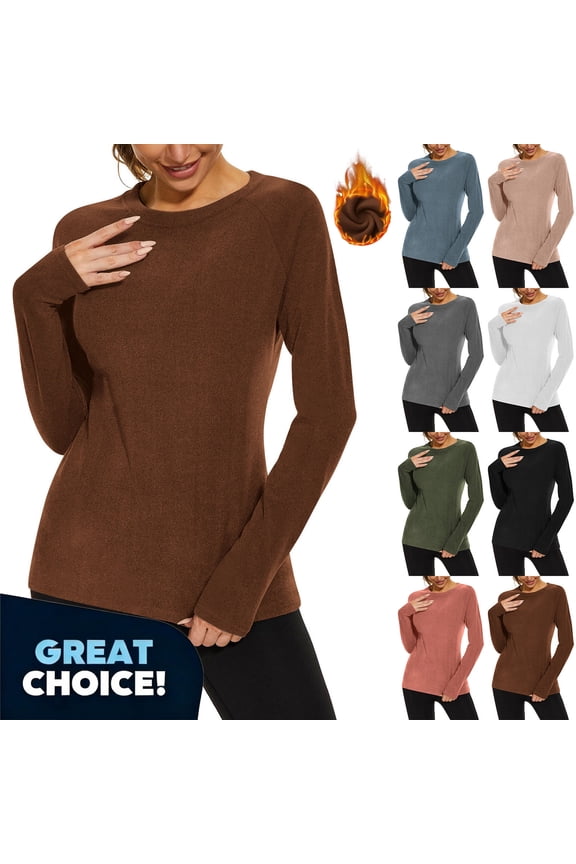 Women's Ribbed Crewneck Tee with Long Sleeves, Womens Fit Basic Causal Tops Shirts, Women's Plus Brown,Size XXL