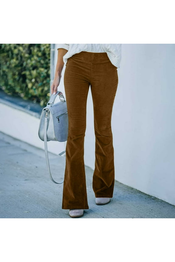 Pants For Women Slim Fit Comfortable Solid Color Pocket Casual Flared Pants Brown S