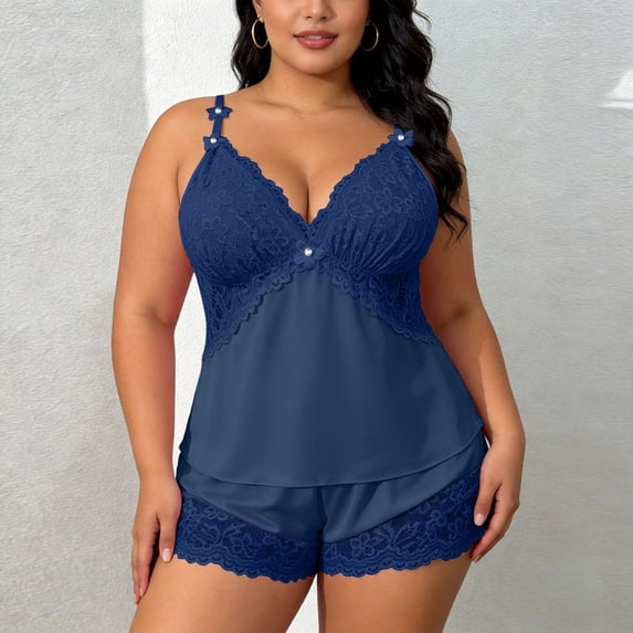 Binmer Plus Size Women's Satin 2 Piece Cami Pajama Set ,Sleeveless Spaghetti Strap Lace Trim Deep V Neck Top and Elastic Waist Shorts Navy,XXXL