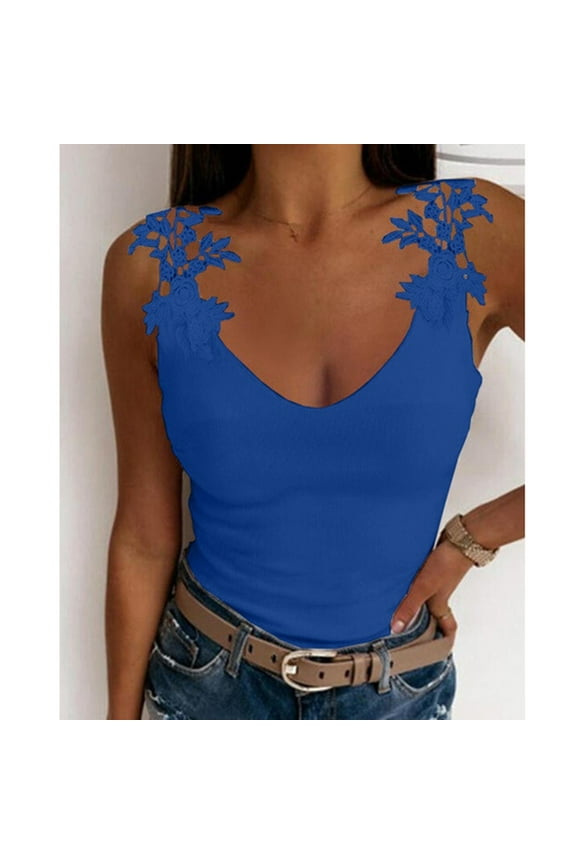 Tank Top For Women V-Neck Patchwork Solid Lace Short Camis Tops Vest