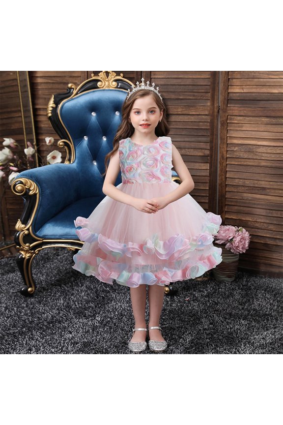 Toddler Kids Baby Girls Floral Formal Princess Party Tulle Tiered Full Dress