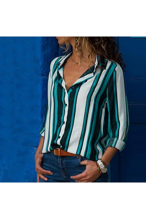 Women Long Sleeve Casual Cuffed Long Sleeve V-Neck Button Up Striped Shirt Blouse Tops