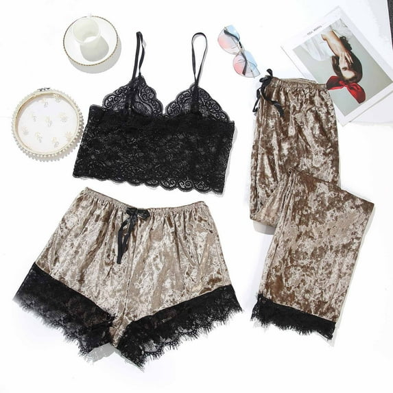 Binmer Women Summer Pajama Suit Three-Piece Pajamas,Lace Velvet Solid Color Lace Three-Piece Pajamas Nightdress Sleepwear