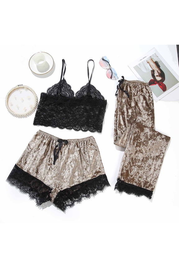 Women Summer Pajama Suit Three-Piece Pajamas,Lace Velvet Solid Color Lace Three-Piece Pajamas Nightdress Sleepwear