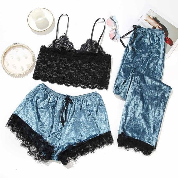 Binmer Women Summer Pajama Suit Three-Piece Pajamas,Lace Velvet Solid Color Lace Three-Piece Pajamas Nightdress Sleepwear