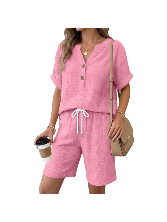 Women’s 2 Piece Linen Blend Set ,Henley Half Button Short Sleeve Top and Drawstring Pocket Shorts ,Casual Loose Outfit Pink,Women's Plus XXL