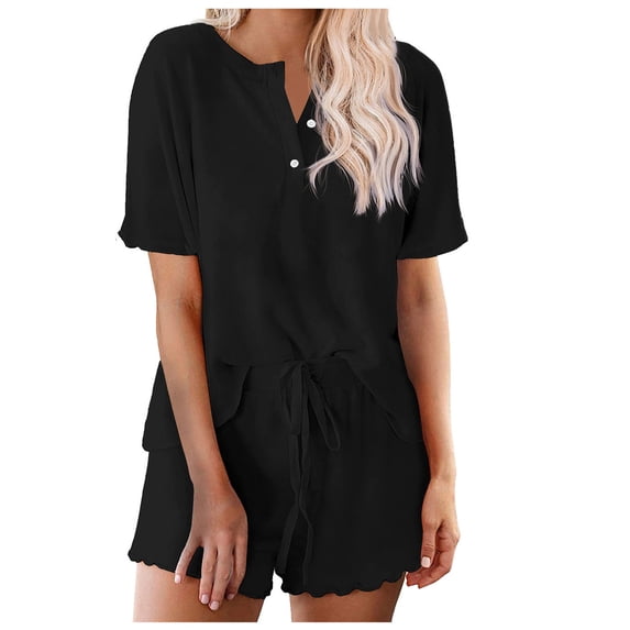 Binmer Women's 2 Piece Loungewear Set, Henley Neck Short Sleeve Top and Shorts Pajama Set for Summer Black,Women's Plus L