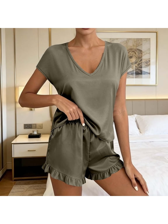 Women's 2 Piece Loungewear Set, Short Sleeve Crew Neck Top and Shorts, Soft Solid Color Sleepwear for Summer Gray,Women's Plus M