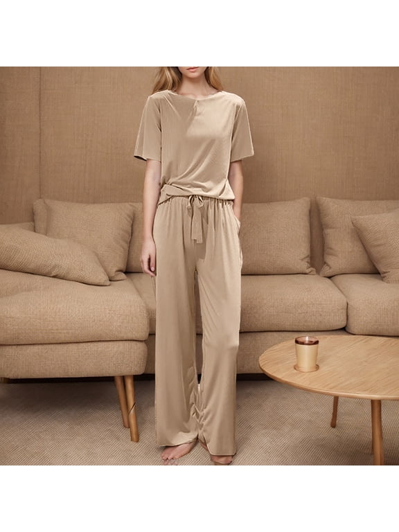 Women's 2 Piece Loungewear Set, Short Sleeve Top & Wide Leg Pants with Waist Tie Beige,Women's Plus Free Size