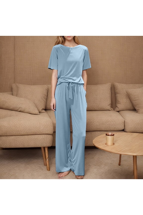 Women's 2 Piece Loungewear Set, Short Sleeve Top & Wide Leg Pants with Waist Tie Blue,Women's Plus Free Size