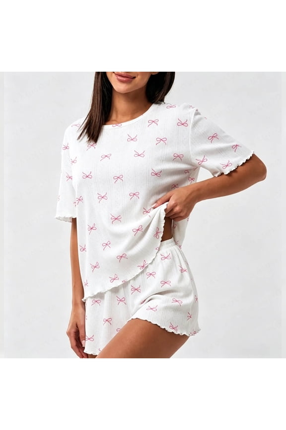 Women's 2-Piece Pajama Set,Crew Neck Short Sleeve T-Shirt and Shorts Loungewear,Soft Sleepwear for Women A-White,Women's Plus L