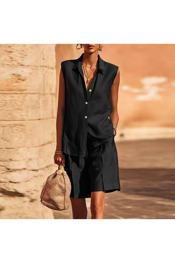 Women’s 2 Piece Set,Sleeveless Collared Shirt and Wide Leg Bermuda Shorts ,Summer Casual Outfit Black,Women's Plus S