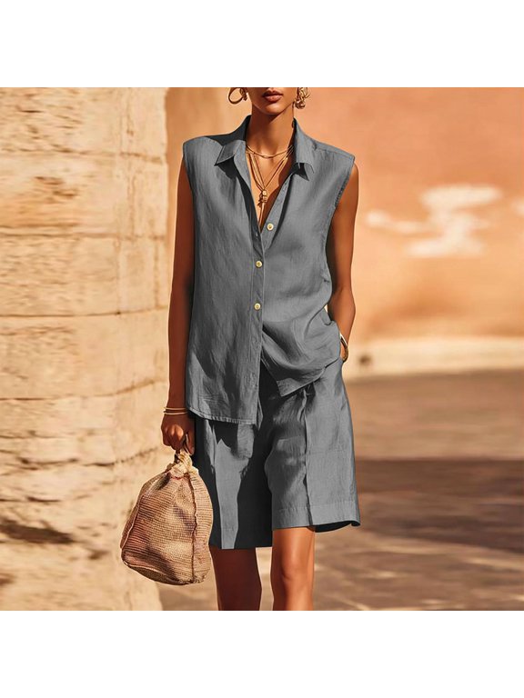Women’s 2 Piece Set,Sleeveless Collared Shirt and Wide Leg Bermuda Shorts ,Summer Casual Outfit Gray,Women's Plus L
