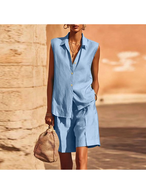 Women’s 2 Piece Set,Sleeveless Collared Shirt and Wide Leg Bermuda Shorts ,Summer Casual Outfit Light Blue,Women's Plus XXL